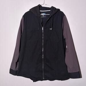 Hawk, Y2K lightweight canvas grey black color block jacket with hood, men's XL